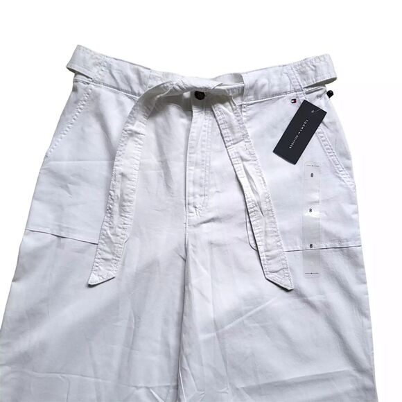 Tommy Hilfiger Wide Leg Pants Womens 8 White High Rise Belted Pockets NWT - Picture 2 of 11